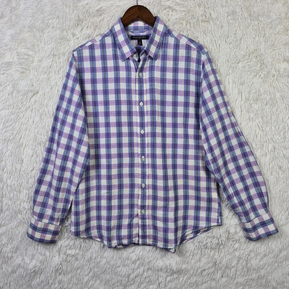 Banana Republic Mens Purple Plaid Linen Cotton Roll Tab Button Down Shirt Size M